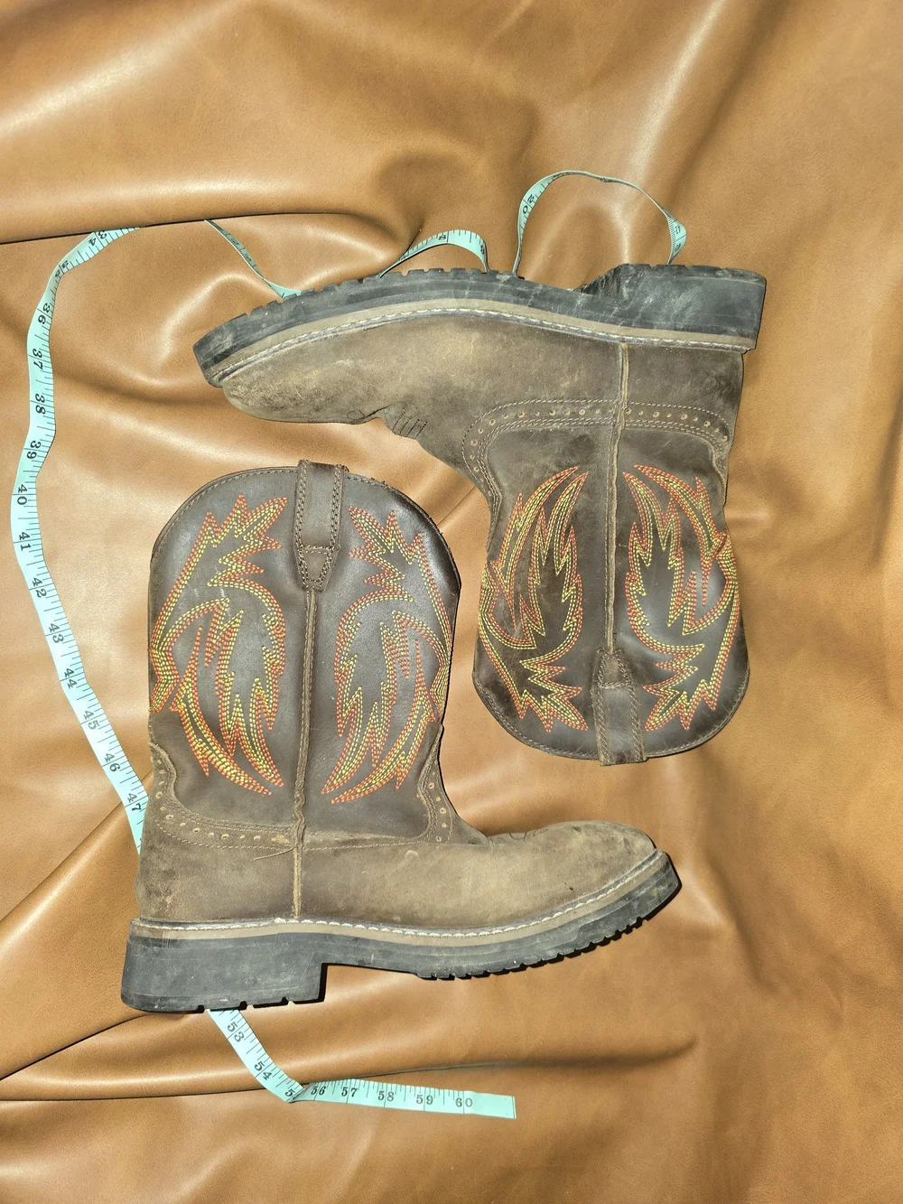 Men's 8.5 Brown Western Work Boots with Embroidered Flame Detail